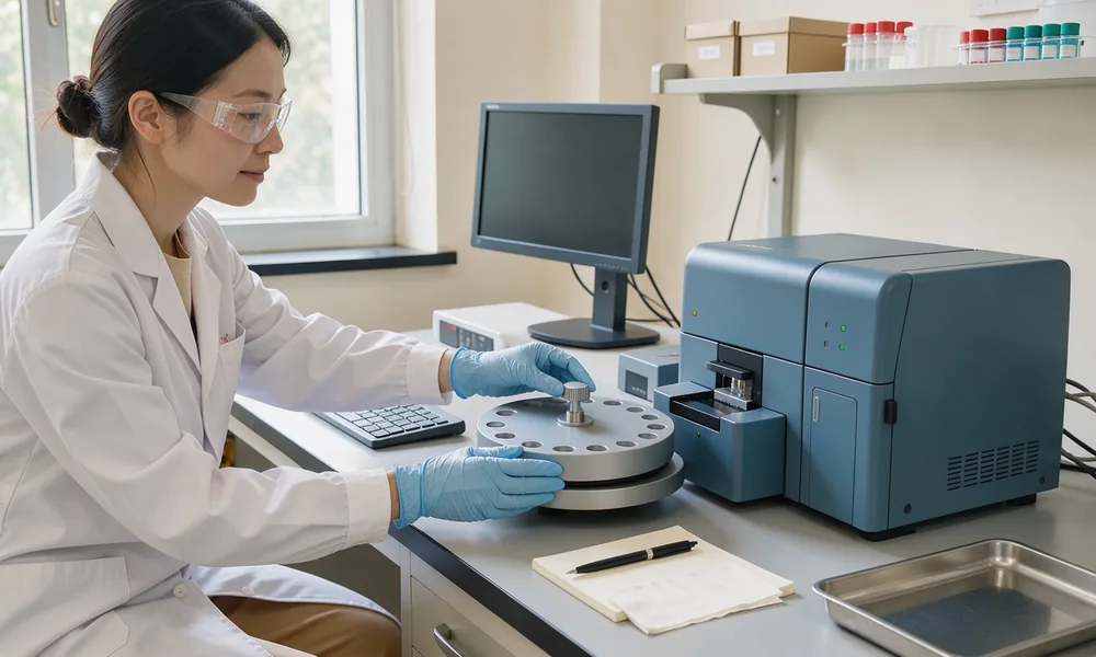A technician working beside a flow cytometer at a sunlit bench