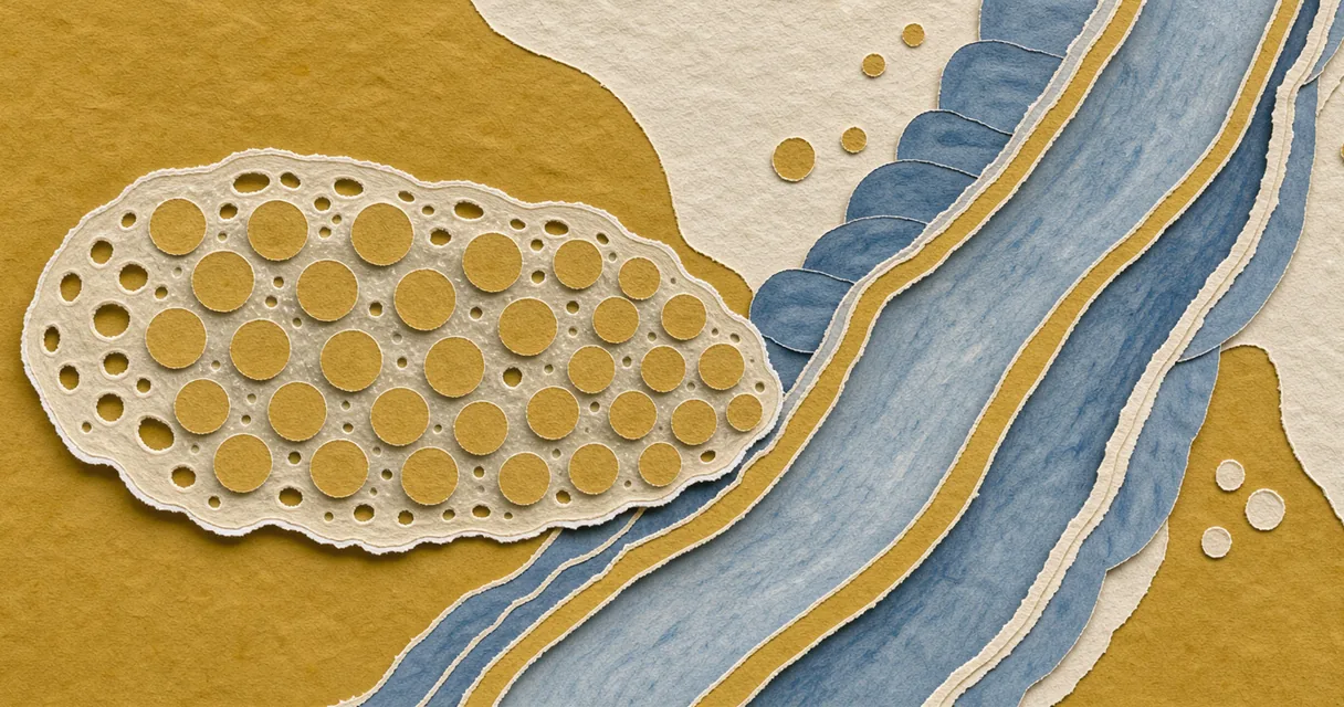 Cut-paper illustration of a gel carrier beside folded intestinal tissue