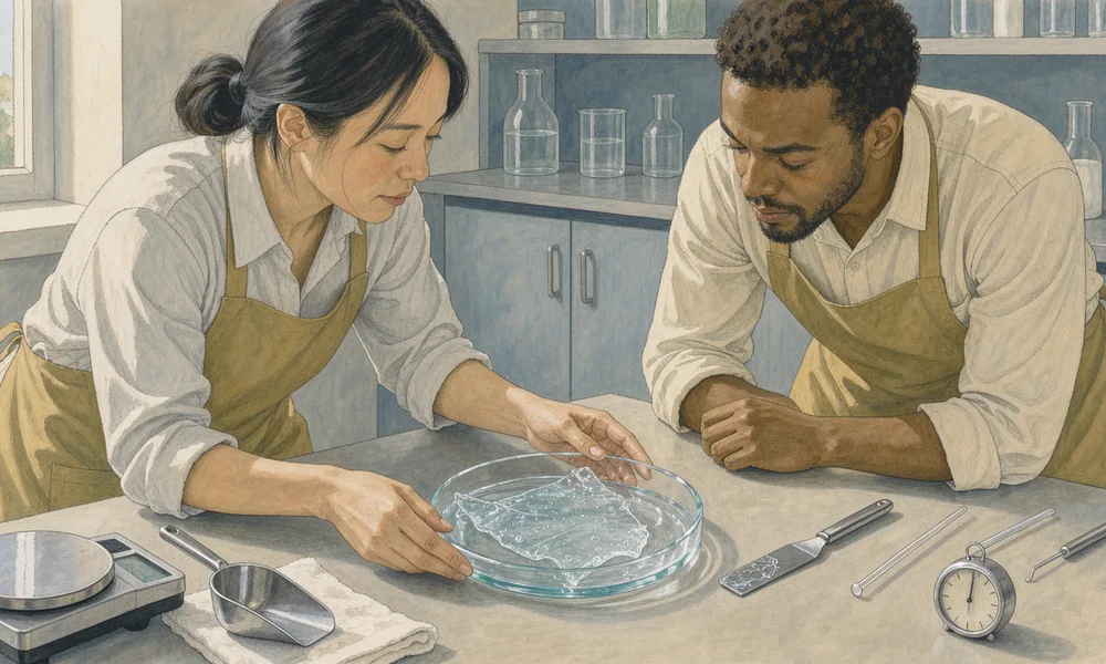 Two technicians examining a translucent hydrogel in a shallow glass dish